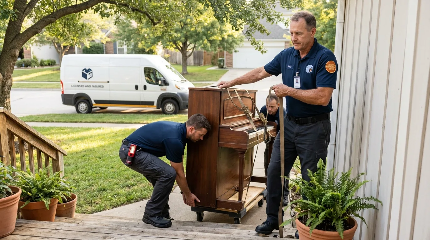 Licensed piano movers securing grand piano in Sullivan, IN