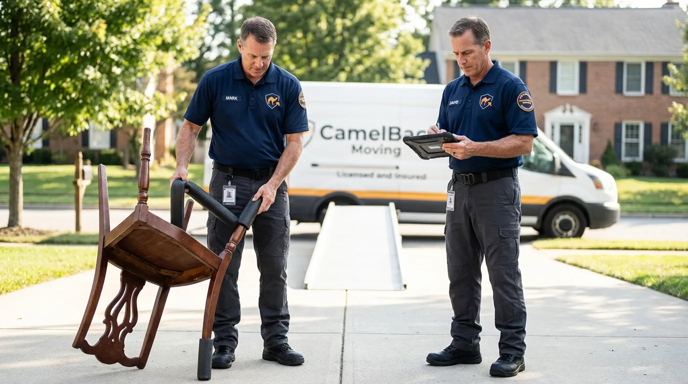 Movers inspecting furniture for damage prevention before loading in Sullivan, IN